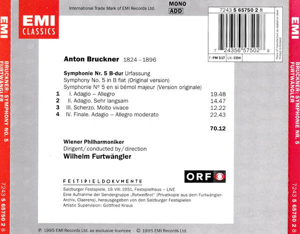 Anton Bruckner, Wilhelm Furtwängler, Wiener Philharmoniker : Symphonie No. 5 (CD, Album, Mono, RE)
