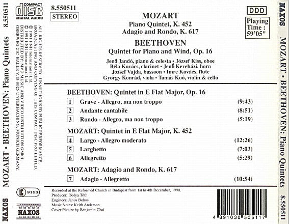Wolfgang Amadeus Mozart, Ludwig van Beethoven - Jenö Jandó, József Kiss, Béla Kovács, Jenő Keveházi, József Vajda, Kovács Imre, György Konrád, Tamás Koó : Piano Quintet, K. 452 / Adagio And Rondo, K. 617 / Quintet For Piano And Wind, Op. 16 (CD, Album)
