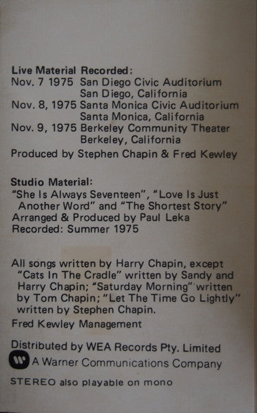 Harry Chapin : Greatest Stories - Live (Cass, Album)