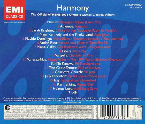 Various : Harmony (The Official Athens 2004 Olympic Games Classical Album) (CD, Comp, Mono, Copy Prot.)