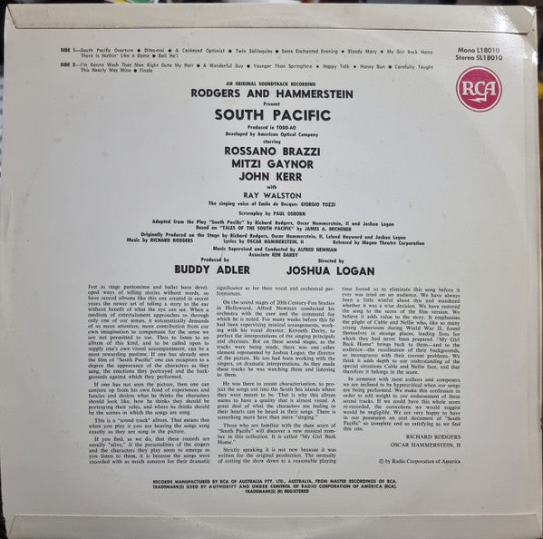 Rodgers & Hammerstein : RCA Records Presents Rodgers & Hammerstein's South Pacific (An Original Soundtrack Recording) (LP, Mono)