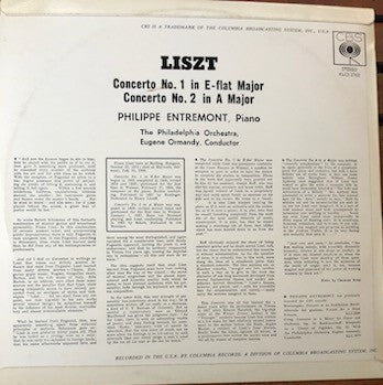 Franz Liszt, Philippe Entremont, The Philadelphia Orchestra, Eugene Ormandy : Concertos Nos. 1 And 2 (LP, Album)