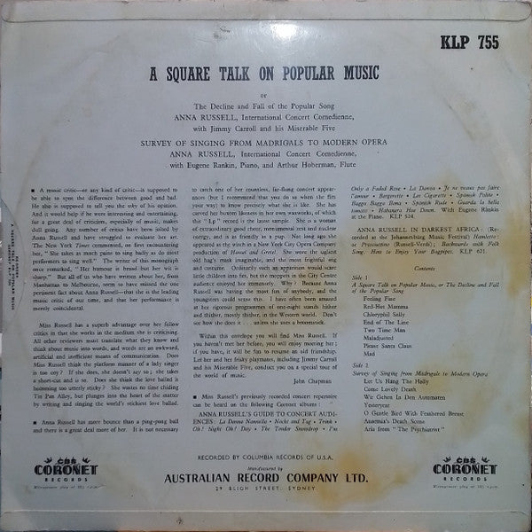 Anna Russell With Jimmy Carroll And His Miserable Five : A Square Talk On Popular Music Or The Decline And Fall Of The Popular Song (LP, Album)