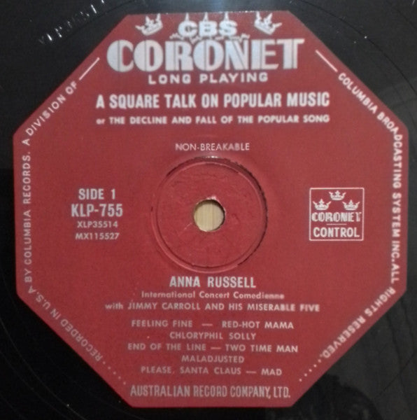 Anna Russell With Jimmy Carroll And His Miserable Five : A Square Talk On Popular Music Or The Decline And Fall Of The Popular Song (LP, Album)