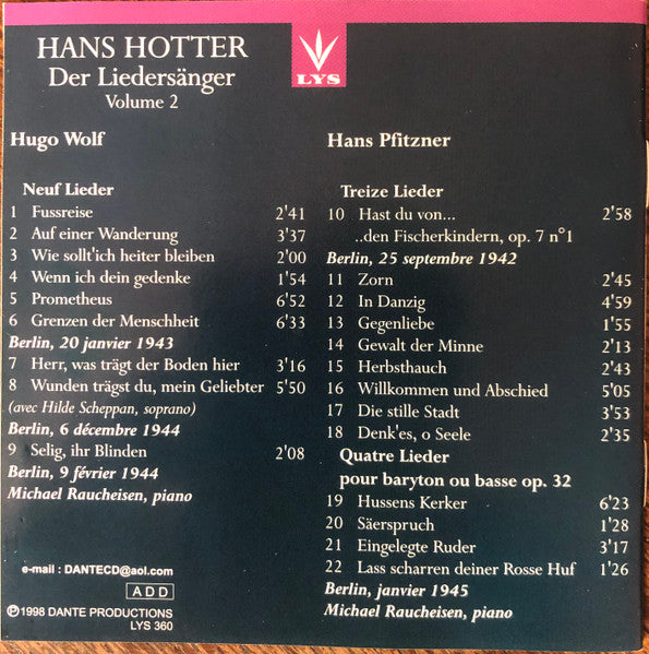 Hans Hotter, Michael Raucheisen : Der Liedersänger (Volume 2) (CD)