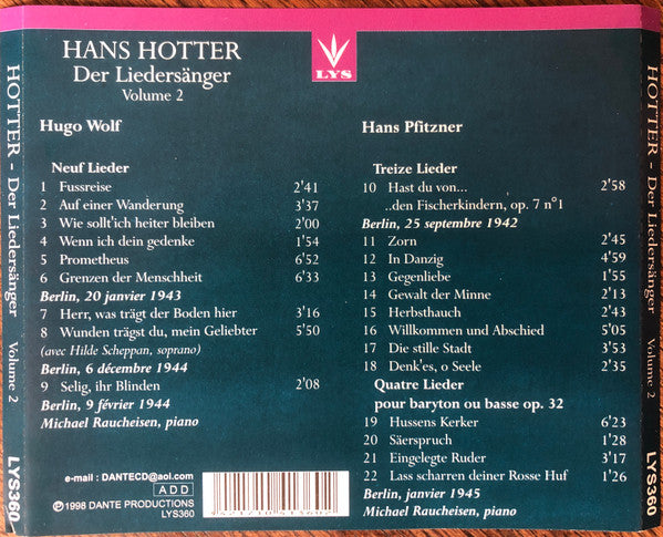 Hans Hotter, Michael Raucheisen : Der Liedersänger (Volume 2) (CD)