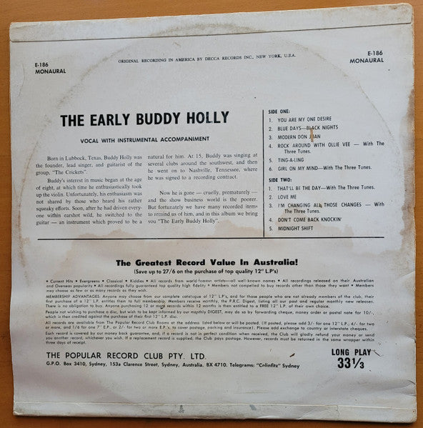 Buddy Holly : The Early Buddy Holly (LP, Mono, Club)