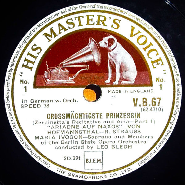 Maria Ivogün :  Grossmächtige Prinzessin (Zerbinetta's Recitative And Aria - Part 1) / So War Es Mit Pagliazzo (Zerbinetta's Recitative And Aria - Concl.) (Shellac, 12", Mono)