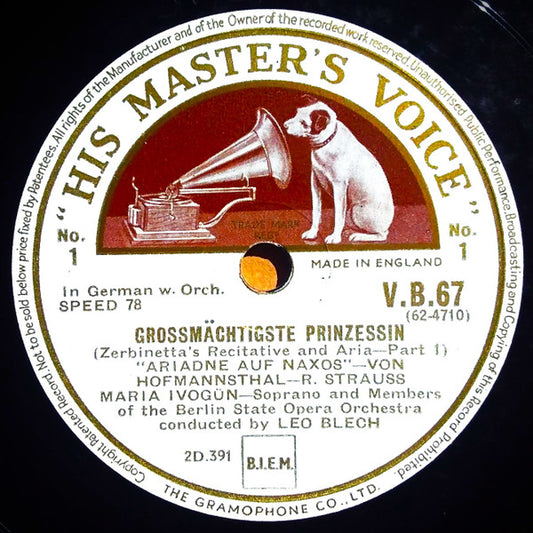 Maria Ivogün :  Grossmächtige Prinzessin (Zerbinetta's Recitative And Aria - Part 1) / So War Es Mit Pagliazzo (Zerbinetta's Recitative And Aria - Concl.) (Shellac, 12", Mono)