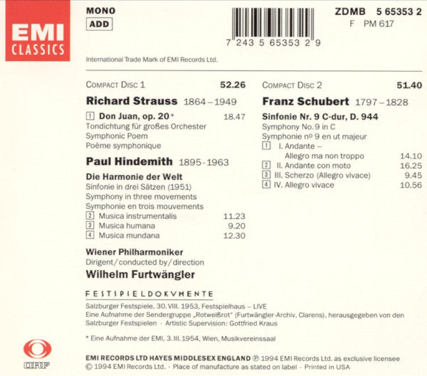 Richard Strauss, Paul Hindemith, Franz Schubert - Wiener Philharmoniker, Wilhelm Furtwängler : Don Juan / Symphonie "Die Harmonie Der Welt" / Symphonie In C D. 944 (2xCD, Mono, RM)