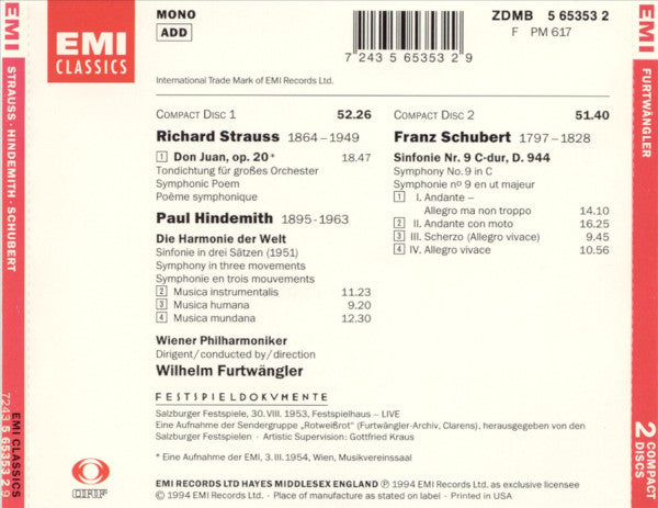Richard Strauss, Paul Hindemith, Franz Schubert - Wiener Philharmoniker, Wilhelm Furtwängler : Don Juan / Symphonie "Die Harmonie Der Welt" / Symphonie In C D. 944 (2xCD, Mono, RM)