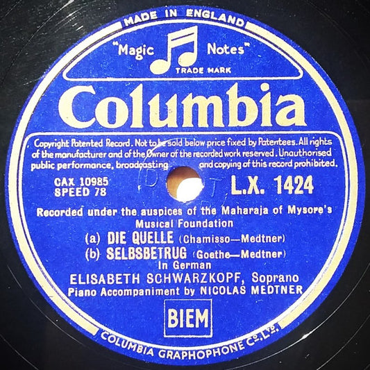 Elisabeth Schwarzkopf : Meeresstille / Glückliche Fahrt / Die Quelle / Selbsbetrug (Shellac, 12", Mono)