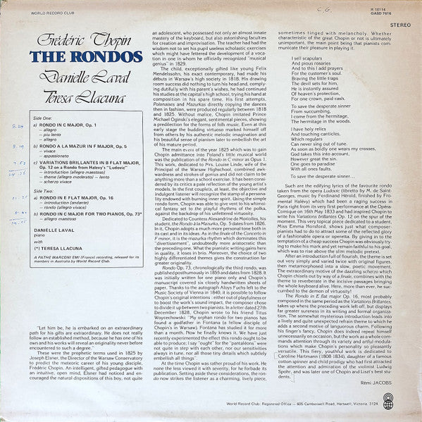 Frédéric Chopin, Danielle Laval, Teresa Llacuna : The Rondos (LP, Club)