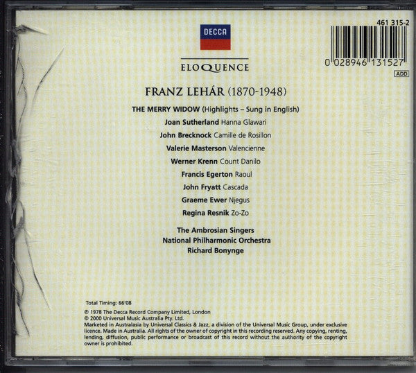 Franz Lehár : The Merry Widow (Highlights - Sung in English) (CD)