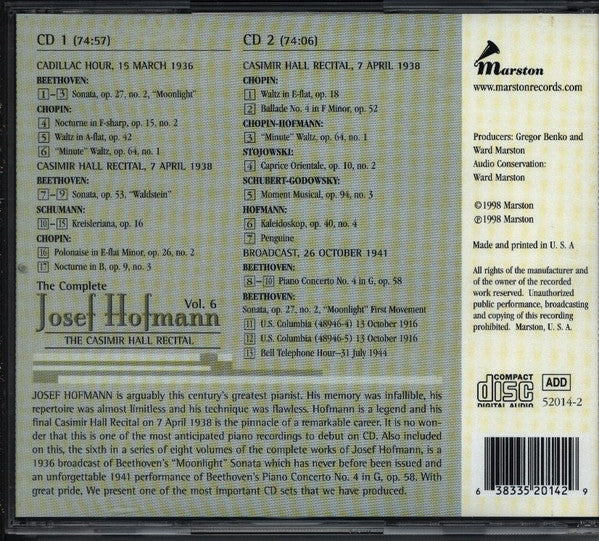 Josef Hofmann : The Complete Josef Hofmann Vol. 6 - The Casimir Hall Recital (2xCD)