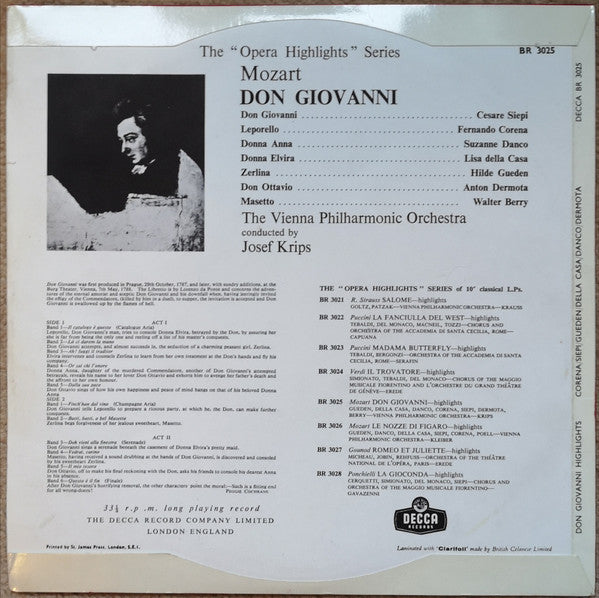 Wolfgang Amadeus Mozart, Wiener Philharmoniker, Josef Krips : Don Giovanni Highlights (10", Mono, RE)