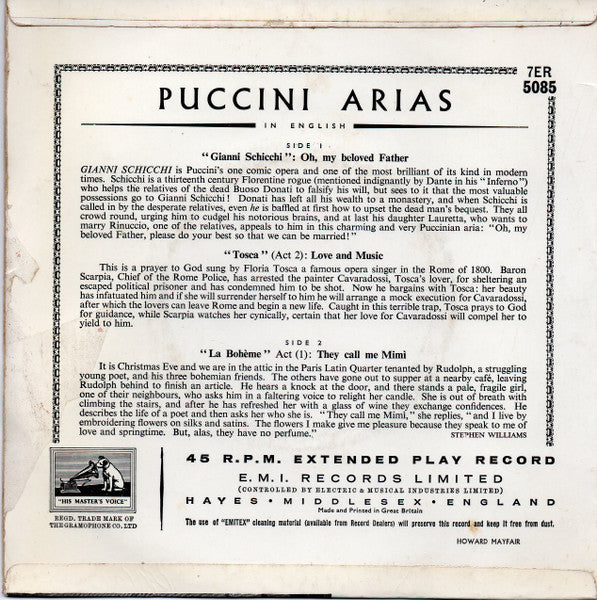 Joan Hammond : Puccini Arias In English (7", EP)