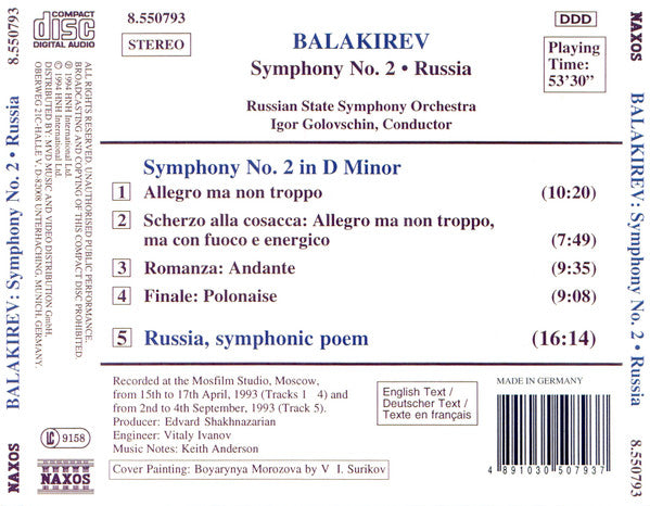 Mily Balakirev - Russian State Symphony Orchestra, Igor Golovschin : Symphony No. 2 / Russia (Symphonic Poem) (CD, Album)