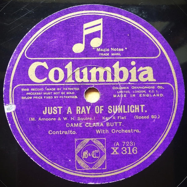 Clara Butt : Just A Ray Of Sunlight / A Page's Road Song  (Shellac, 10", 80 RPM, Mono)