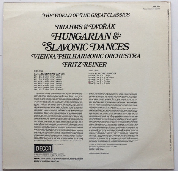 Johannes Brahms & Antonín Dvořák, Fritz Reiner, Wiener Philharmoniker : Hungarian & Slavonic Dances (LP)