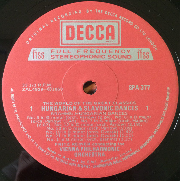 Johannes Brahms & Antonín Dvořák, Fritz Reiner, Wiener Philharmoniker : Hungarian & Slavonic Dances (LP)