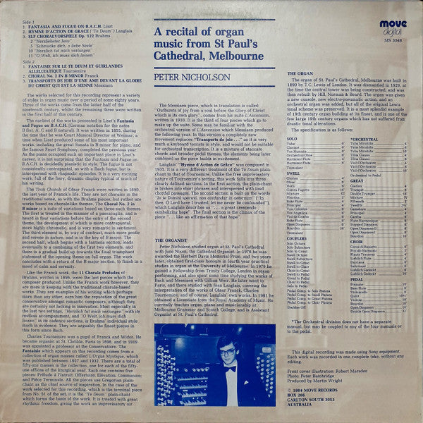Peter Nicholson (7) : A Recital Of Organ Music From St. Paul's Cathedral, Melbourne (LP)