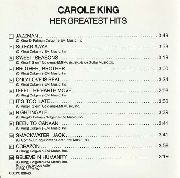 Carole King : Her Greatest Hits (CD, Comp, RE)