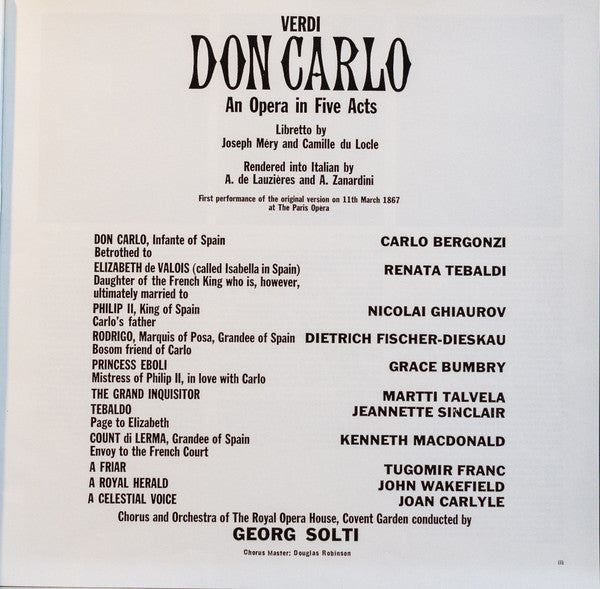 Giuseppe Verdi, Nicolai Ghiaurov · Carlo Bergonzi · Grace Bumbry · Renata Tebaldi · Dietrich Fischer-Dieskau, Chorus Of The Royal Opera House, Covent Garden & Orchestra Of The Royal Opera House, Covent Garden, Georg Solti : Don Carlo (4xLP, RE, Nar + Box)