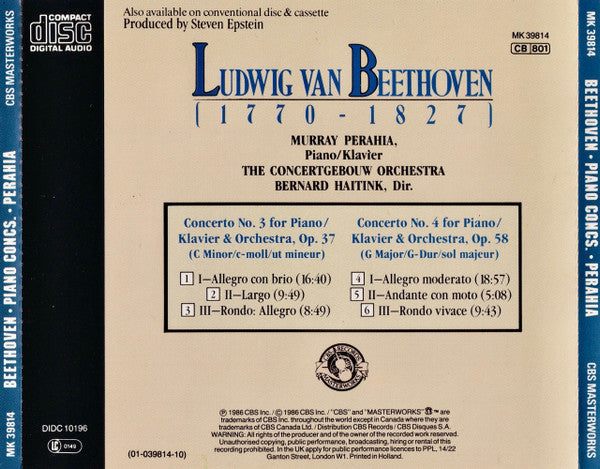 Beethoven* - Murray Perahia, Concertgebouw Orchestra*, Bernard Haitink : Piano Concertos Nos. 3 & 4 (CD, Album)