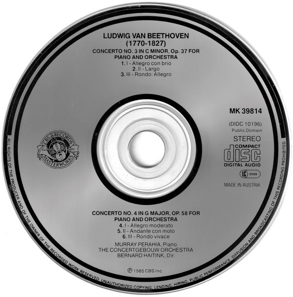 Beethoven* - Murray Perahia, Concertgebouw Orchestra*, Bernard Haitink : Piano Concertos Nos. 3 & 4 (CD, Album)