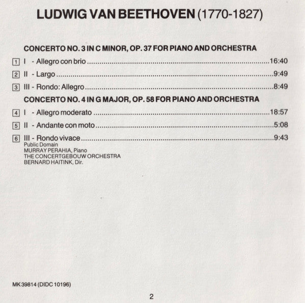 Ludwig van Beethoven - Murray Perahia, Concertgebouworkest, Bernard Haitink : Piano Concertos Nos. 3 & 4 (CD, Album)