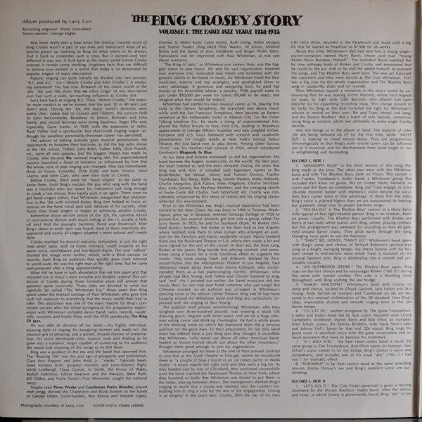 Bing Crosby : The Bing Crosby Story Volume I: The Early Jazz Years, 1928-1932 (2xLP, Comp, Mono, RE)