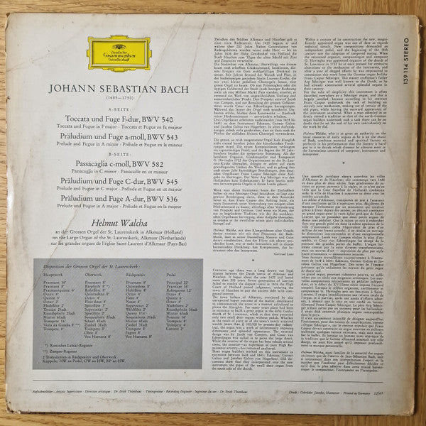 Helmut Walcha · J. S. Bach* : Orgelmusik (Grosse Orgel Der St. Laurenskerk, Alkmaar) (LP, Album)