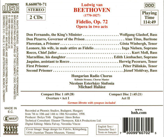 Beethoven* - Nielsen*, Winbergh*, Moll*, Titus*, Lienbacher*, Pecoraro*, Hungarian Radio Chorus*, Nicolaus Esterházy Sinfonia, Michael Halász : Fidelio (2xCD, Album)