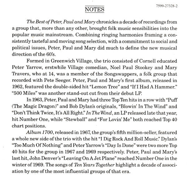 Peter, Paul And Mary* : The Best Of Peter, Paul And Mary / Ten Years Together (CD, Comp)