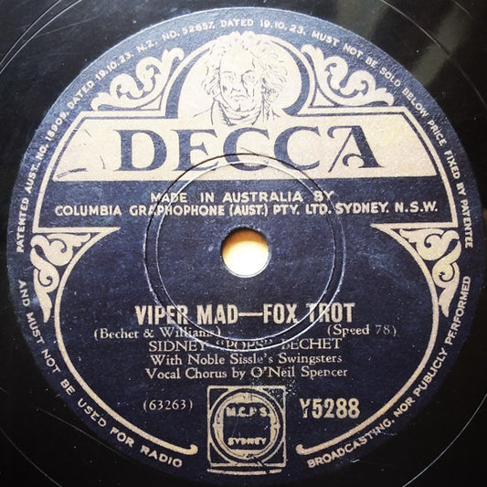 Sidney "Pops" Bechet*, Noble Sissle's Swingsters* : Viper Mad - Fox Trot / Sweet Patootie (Shellac, 10", Mono)