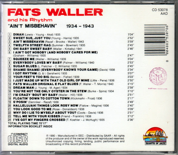 Fats Waller And His Rhythm* : Ain't Misbehavin' (1934 - 1943) (CD, Comp)