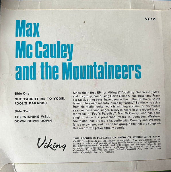 Max McCauley  And  The Mountaineers : She Taught Me To Yodel (7", Single, Mono)