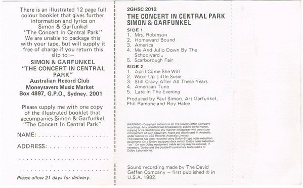 Simon & Garfunkel : The Concert In Central Park (2xCass, Album, RE, Whi)