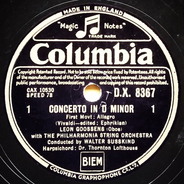 Leon Goossens, The Philharmonia String Orchestra, Walter Susskind : Allegro (First Movement In Concerto In B Flat) / Concerto In D Minor  (2xShellac, 12", Mono)