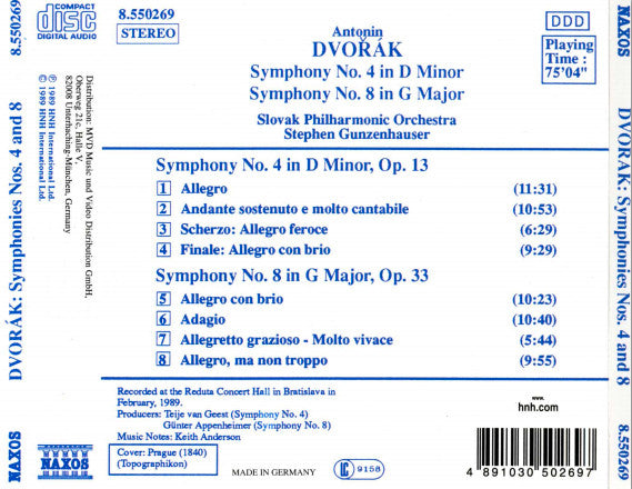 Dvořák*, Slovak Philharmonic Orchestra, Stephen Gunzenhauser : Symphonies No. 4, Op 13 • No. 8, Op. 88 (CD, Album)
