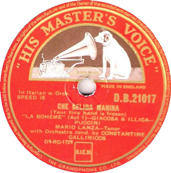 Mario Lanza : Che Gelida Manina (Your Tiny Hand Is Frozen) (Shellac, 12")