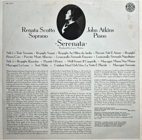 Renata Scotto, Puccini*, Mascagni*, Catalani*, Pizzetti*, Respighi*, Wolf-Ferrari*, Tosti*, John Atkins (4) : Serenata (LP, Album)
