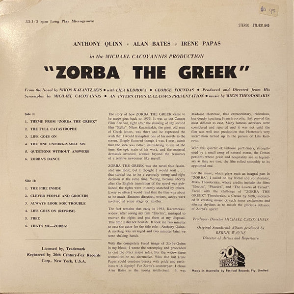 Mikis Theodorakis : Zorba The Greek (Original Soundtrack) (LP, Album, RP)