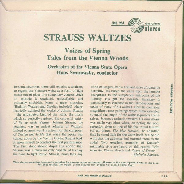 Orchestra Of The Vienna State Opera* - Hans Swarowsky - Johann Strauss* : Waltzes (7")