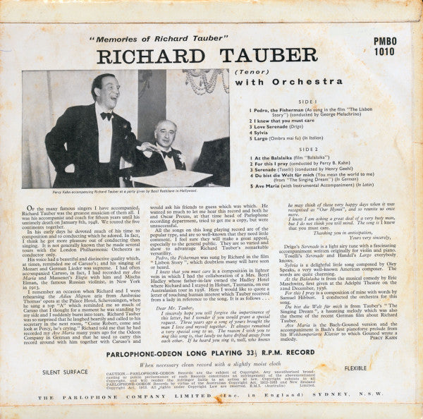 Richard Tauber : Memories Of Richard Tauber (10", Comp)