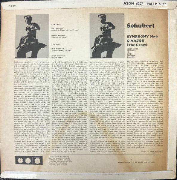 Schubert*  /  Josef Krips Conducting The London Symphony Orchestra* : Symphony No. 9 C∙Major (The Great) (LP, Album, Club)