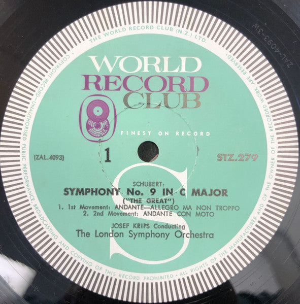 Schubert*  /  Josef Krips Conducting The London Symphony Orchestra* : Symphony No. 9 C∙Major (The Great) (LP, Album, Club)