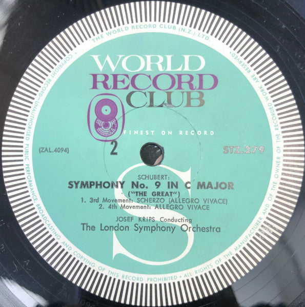 Schubert*  /  Josef Krips Conducting The London Symphony Orchestra* : Symphony No. 9 C∙Major (The Great) (LP, Album, Club)