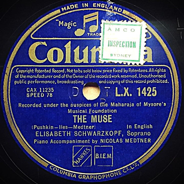Elisabeth Schwarzkopf, Nikolai Medtner : The Muse / So Tanzet / Waltz (Shellac, 12", Mono)